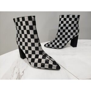 STUNNING Block Heel Ankle Bootie Sz US 6M Rhinestones Checkboard Black Silver